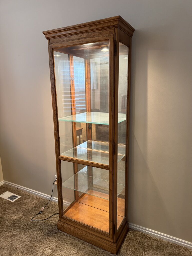 Glass And Oak Curio Cabinet With Glass Shelves