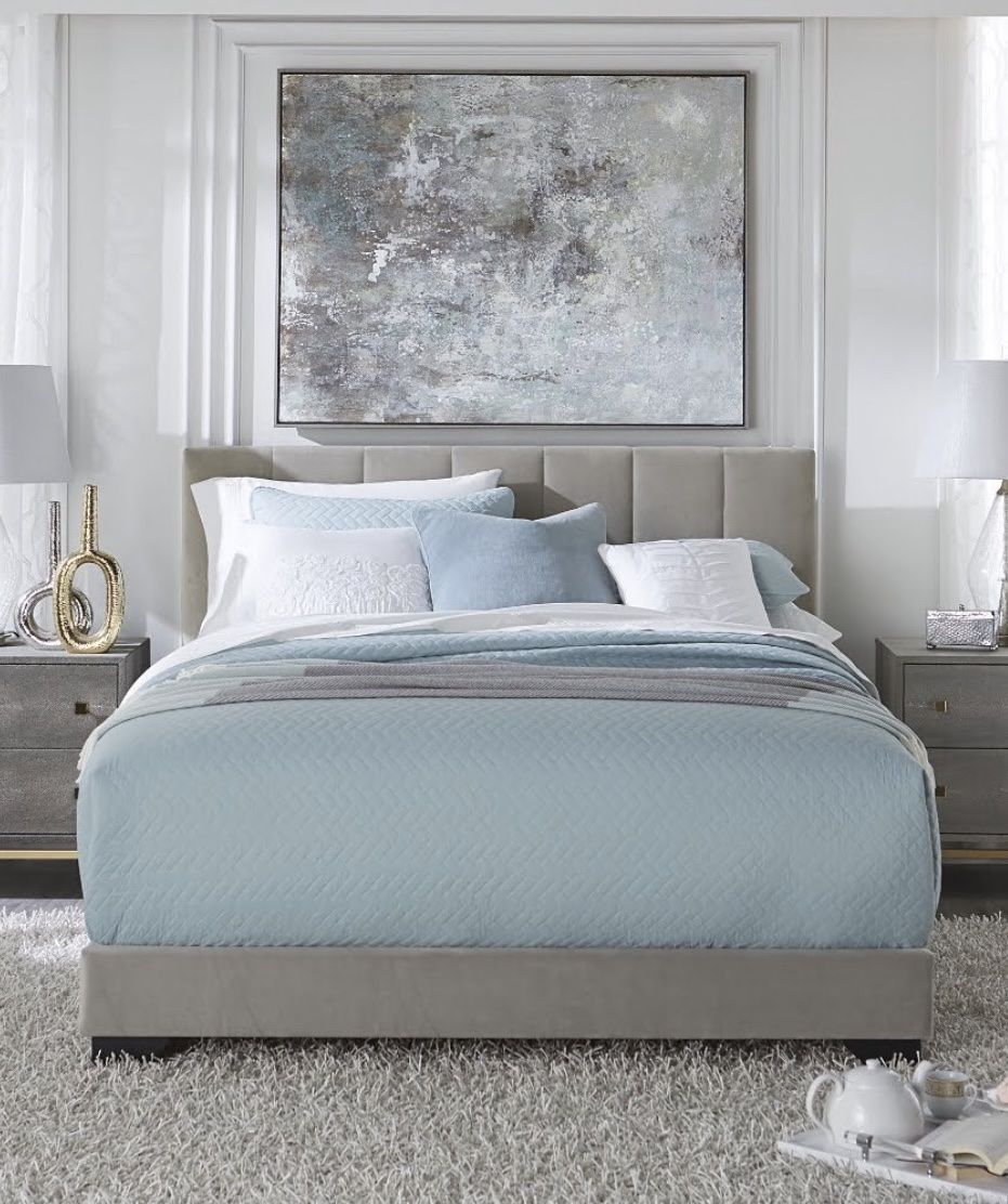 Home Essentials Reece Queen Upholstered Bed Frame - Gray Fabric Slats Support