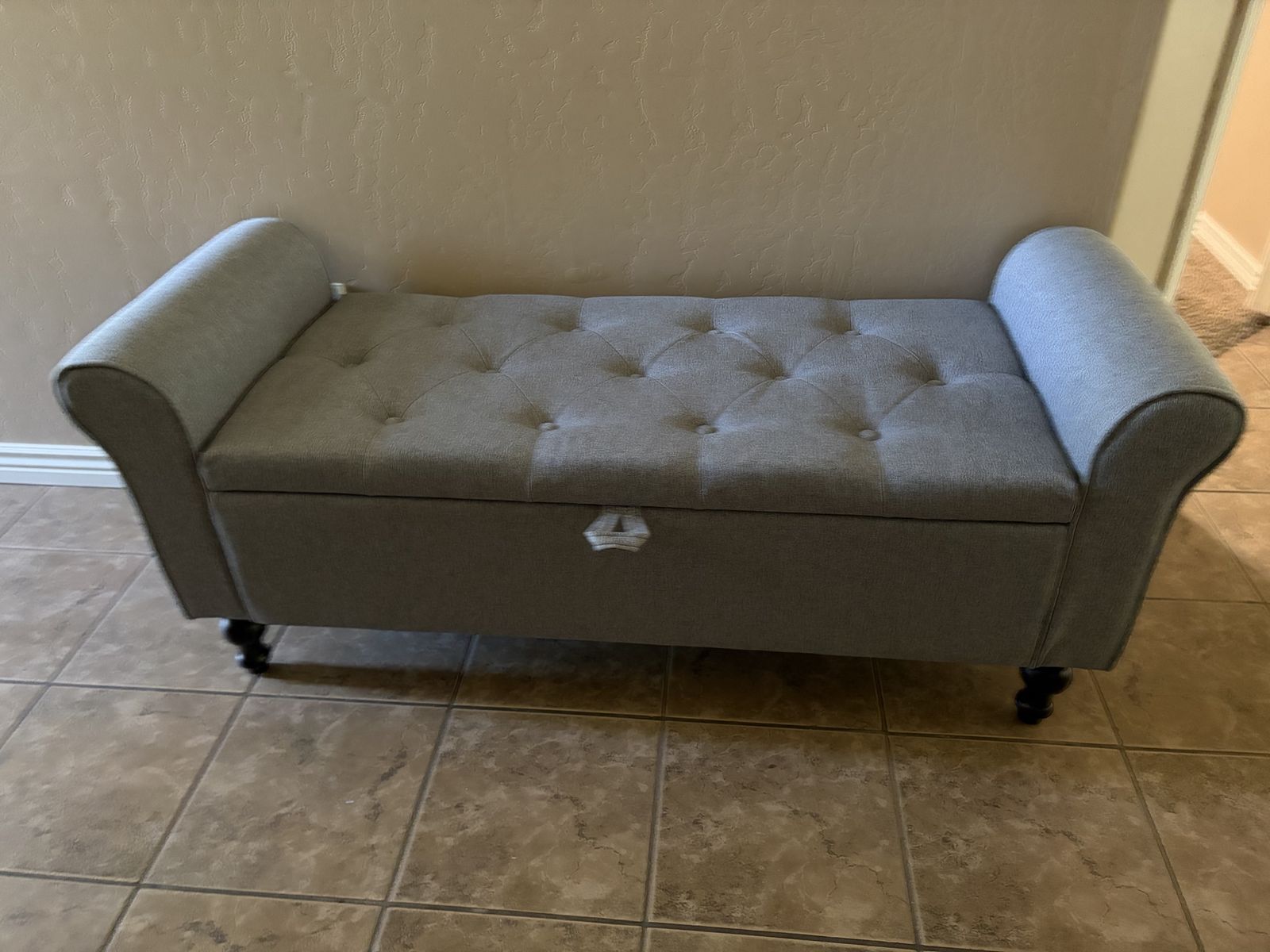 Tufted Upholstered Storage Bench - Light Gray Fabric with Rolled Arms & Lift-Top