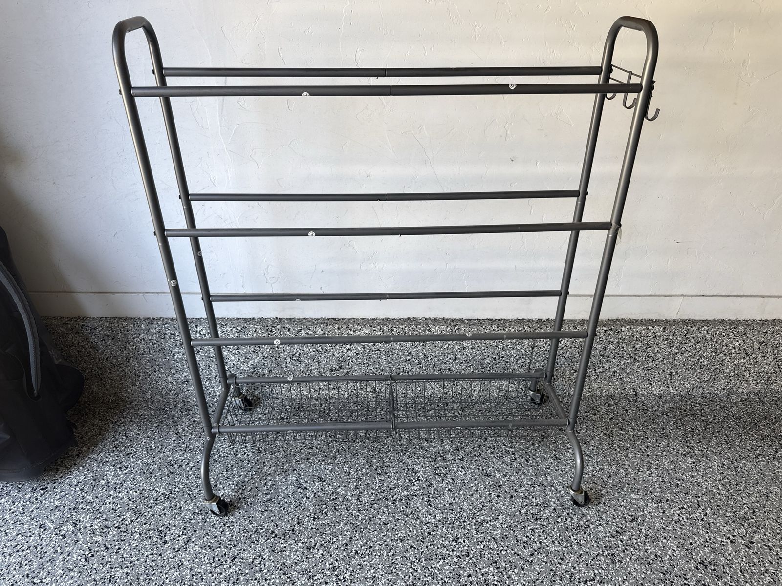 Rolling Metal sports equipment Rack with Storage Basket