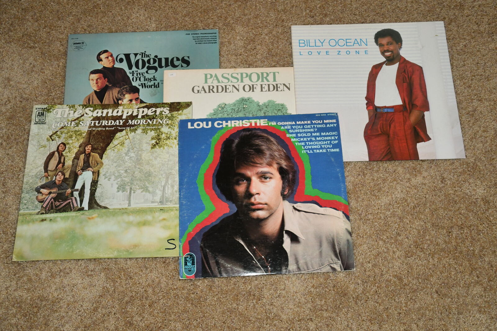 5 VINTAGE VINYL RECORD FOR $10 ~ BILLY OCEAN, SNDPIPERS, VOGUES, LOU CHRISTIE, PASSPORT