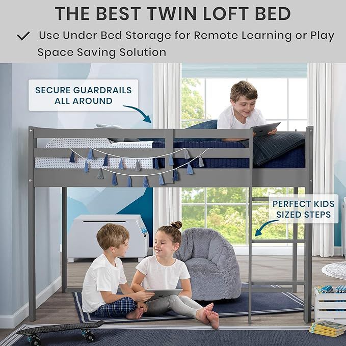 Twin Grey Kids Low Loft Bed