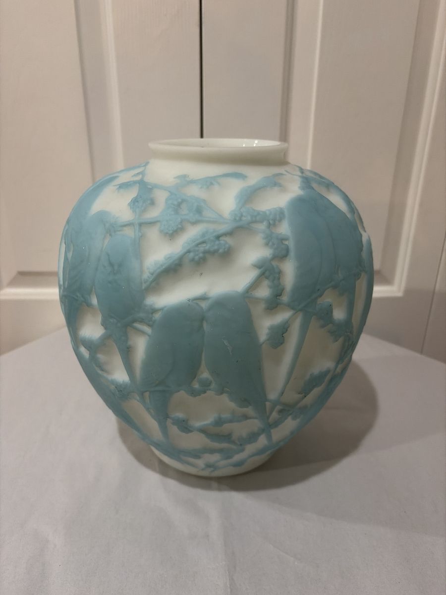 Vintage Cameo Art Glass Vase White with Blue Birds and Branches