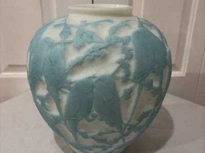 Vintage Cameo Art Glass Vase White with Blue Birds and Branches