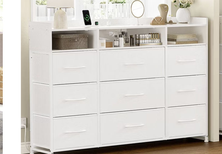 New in Box 9 Drawers Fabric and Wood Dresser Dresser with Power Outlet & LED,