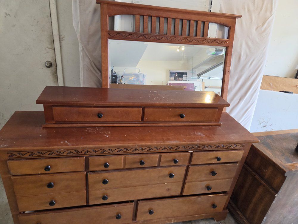 Large Wooden Dresser with Shelf and matching mirror
