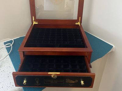 Wooden Display Case for Coins/Collectibles with Glass Top & Velvet Interior, Eagle & Stars Motif