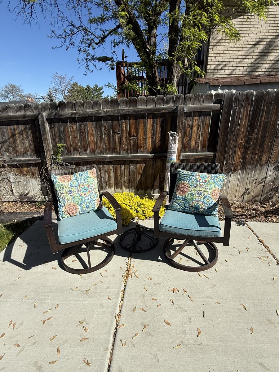 Patio Set – 2 Swivel Chairs + Cushions + Umbrella & Stand – Great Condition
