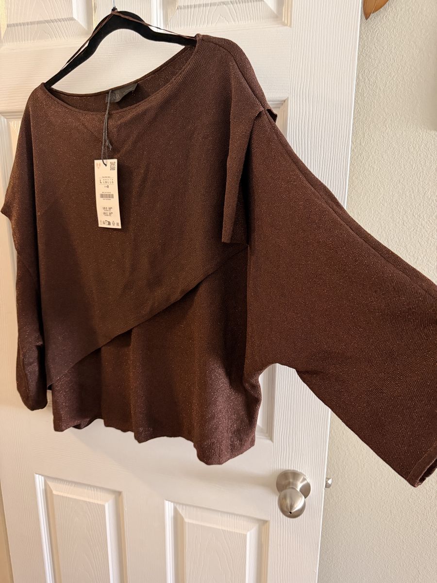 NWT Zara Brown Metallic Knit Asymmetric Layered Top - Size L