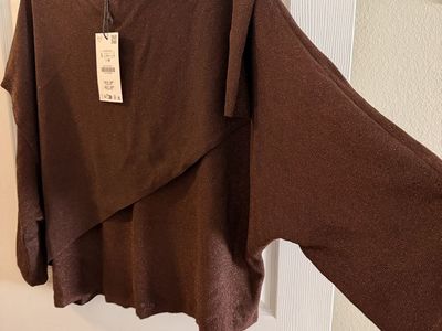 NWT Zara Brown Metallic Knit Asymmetric Layered Top - Size L