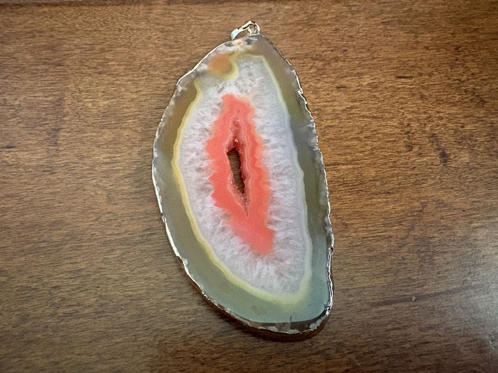 Large Slice Of Agate Pendant W/ Gold Edge
