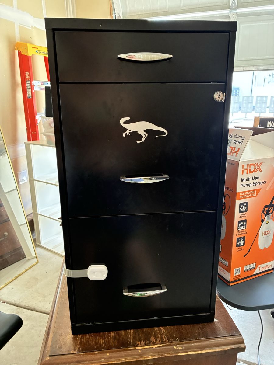 Black Metal 3-Drawer Filing Cabinet with Lock and Dinosaur Decal
