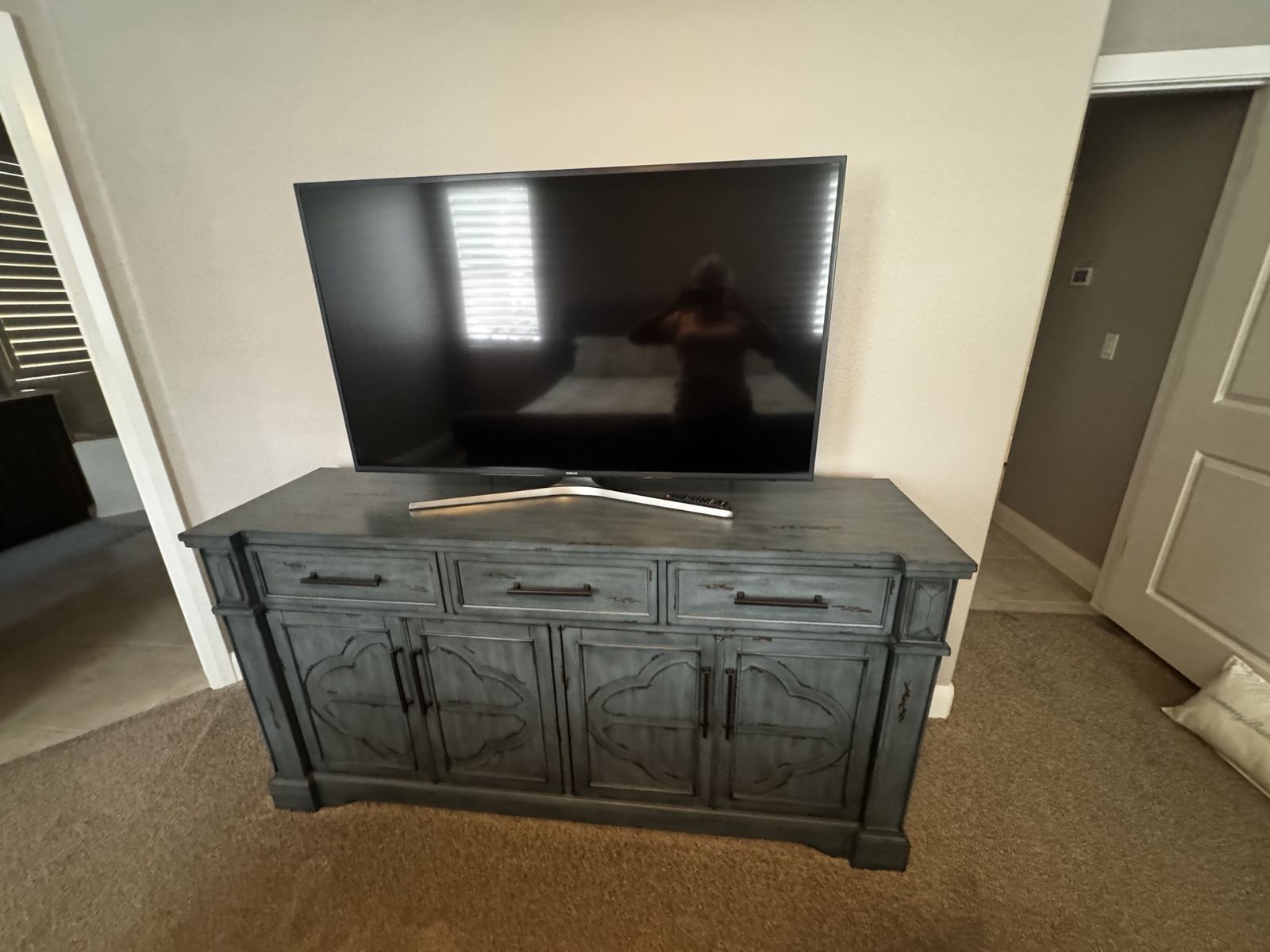Rustic Distressed Grey/Teal Wood Credenza / TV Stand with Storage
