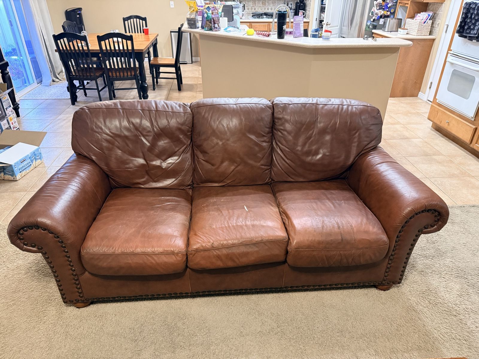 Genuine Leather Sofa - Brown, 3-Seater, Nailhead Trim - Rip in middle cushion