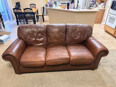 Genuine Leather Sofa - Brown, 3-Seater, Nailhead Trim - Rip in middle cushion