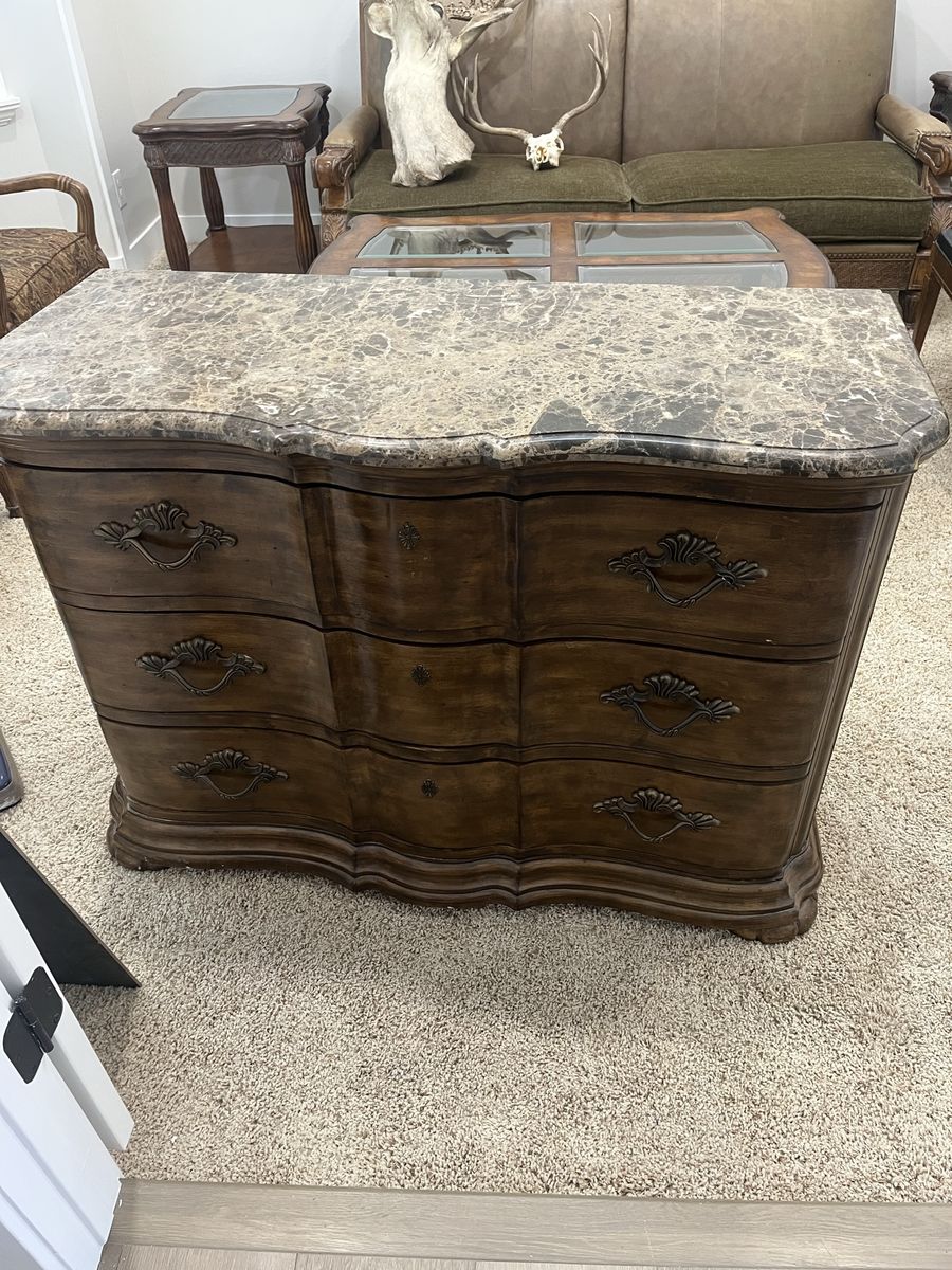 Ornate Dark Wood Dresser with Marble Top - 3 Drawers, Carved Accents