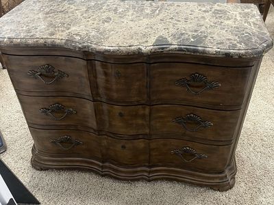 Ornate Dark Wood Dresser with Marble Top - 3 Drawers, Carved Accents
