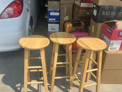 Set of 3 Solid Light Oak Round Wooden Bar Stools