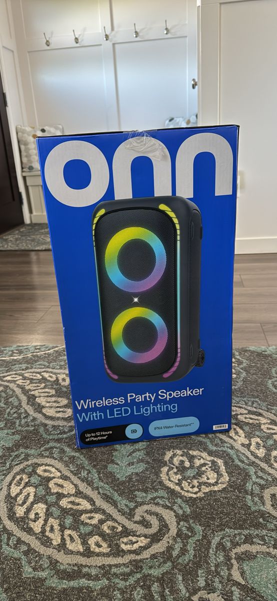 ONN Wireless Party Speaker with LED Lighting, IPX4 Water-Resistant, Bass Boost, FM Radio, Bluetooth