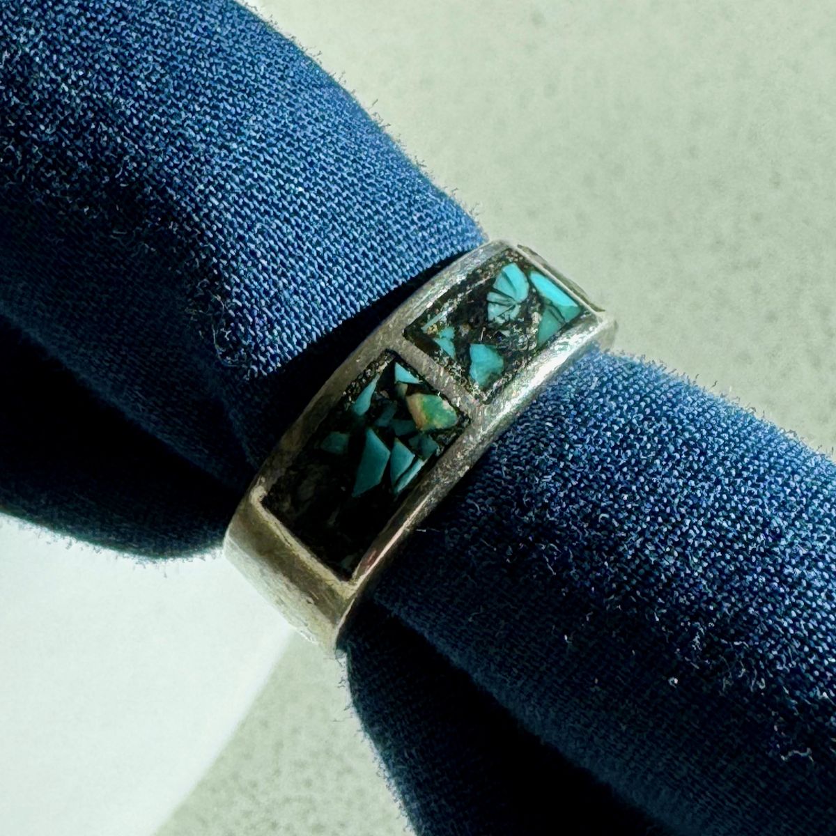 Vintage Navajo Sterling Silver Turquoise Mosaic Inlay Band Ring - Size 6 - 4g - Old Pawn Style