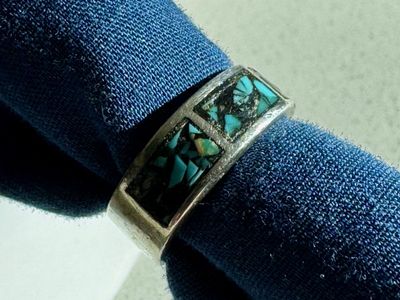 Vintage Navajo Sterling Silver Turquoise Mosaic Inlay Band Ring - Size 6 - 4g - Old Pawn Style