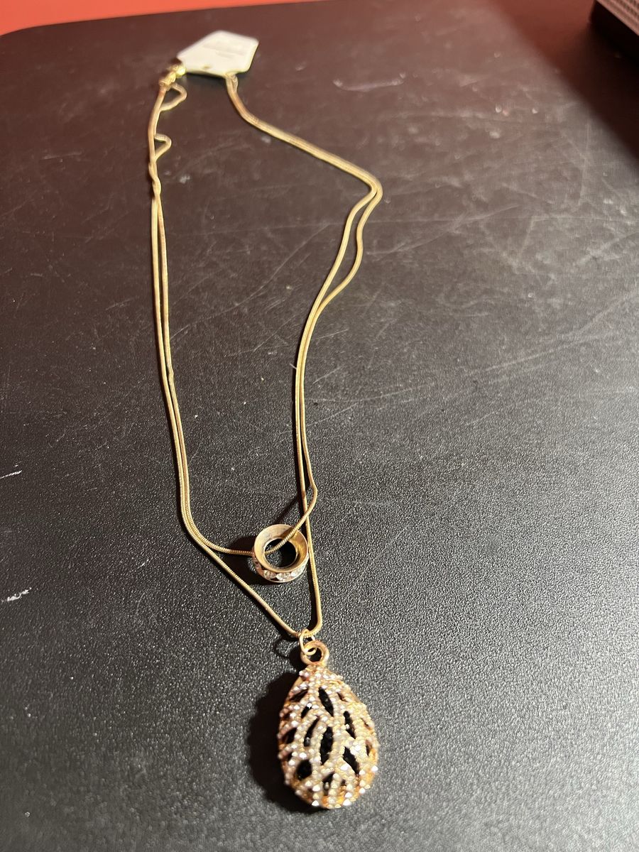 Fashion Jewelry Gold Tone Double Layer Necklace with Rhinestone Teardrop Pendant