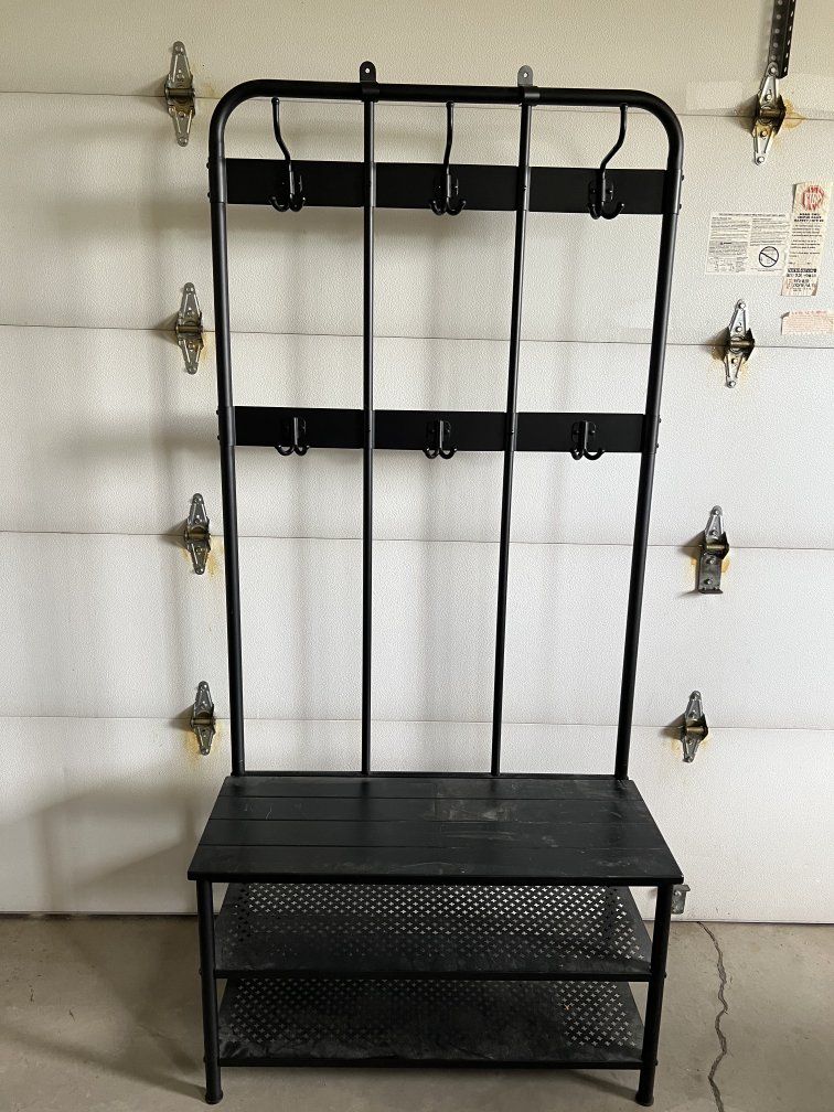 Black Metal Hall Tree with Bench, Coat Rack & Storage Shelves, mudroom