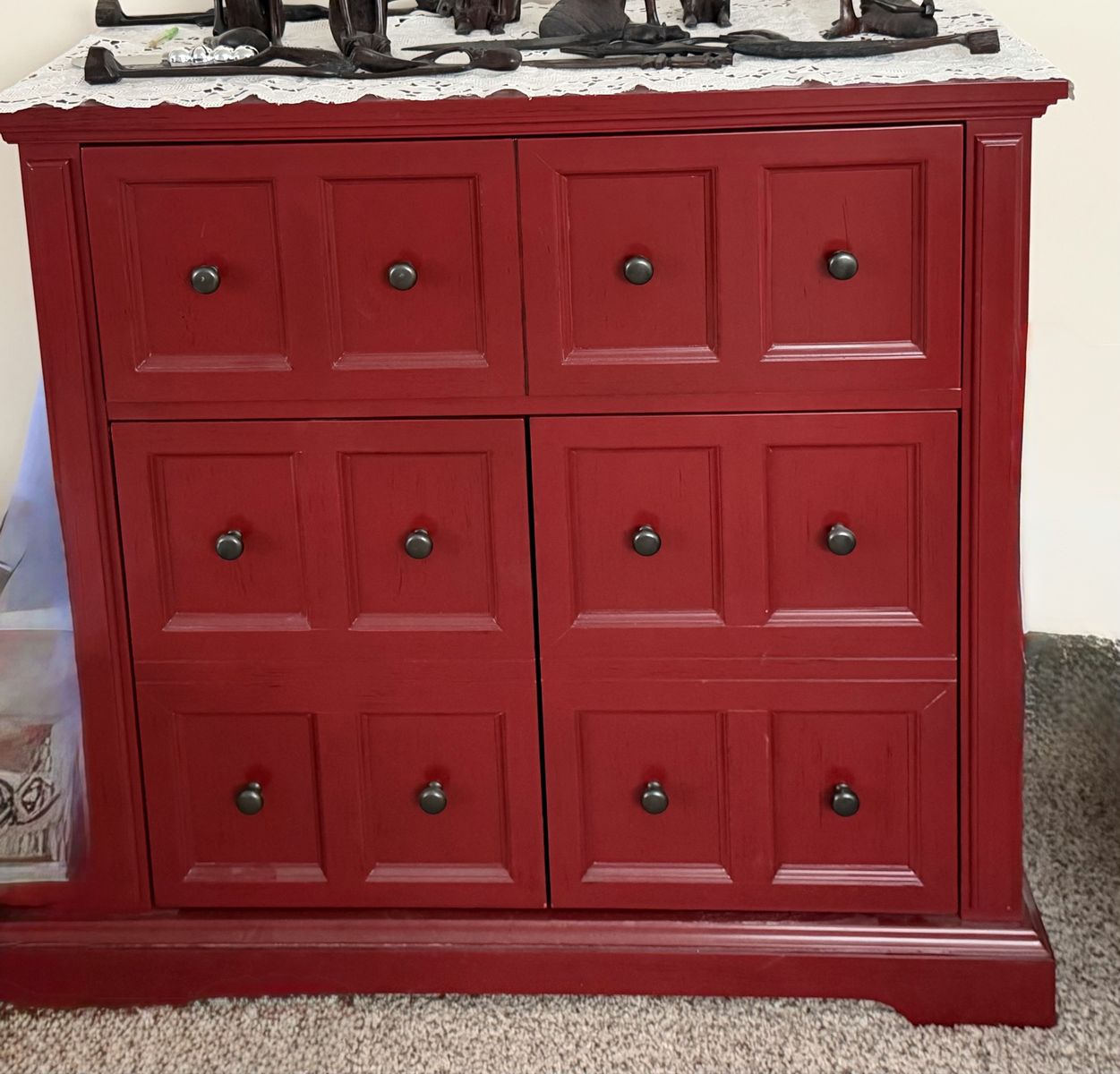 Red Wooden Storage Cabinet with Drawers and Lower Cabinet Shelving