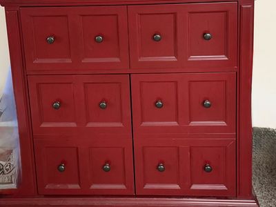 Red Wooden Storage Cabinet with Drawers and Lower Cabinet Shelving
