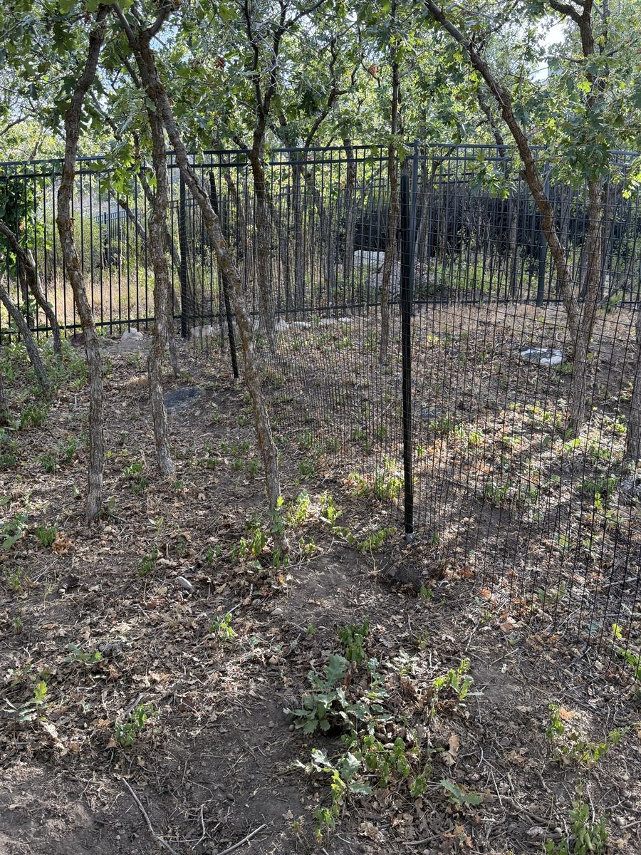 Dog Proofer Black Wire Mesh Outdoor Fence with Metal Posts and fabricated gate