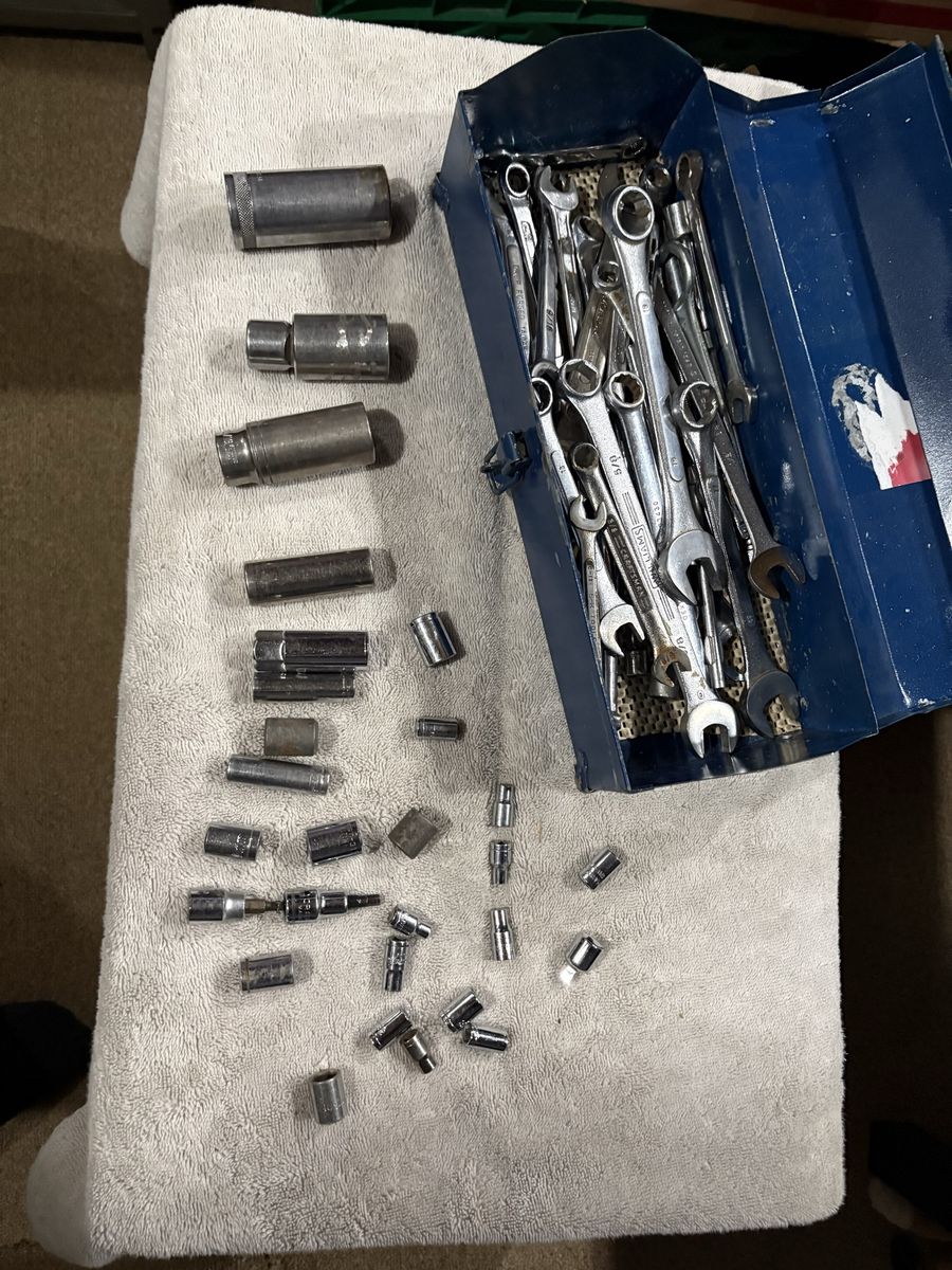 Assorted Combination Wrench Set with Metal Tool Box - Craftsman & Various Brands and also multiple sizes of sockets and toolbox.
