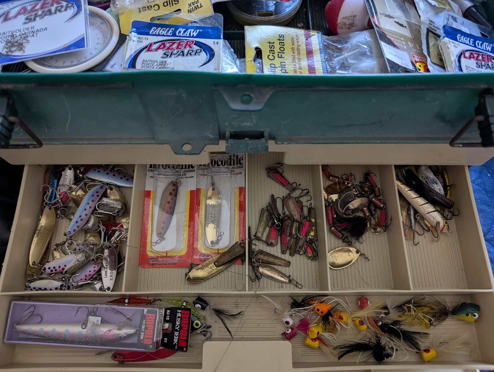 Large Fishing Tackle Box with Lures, Floats, and 5 Browning and Shimano Reels