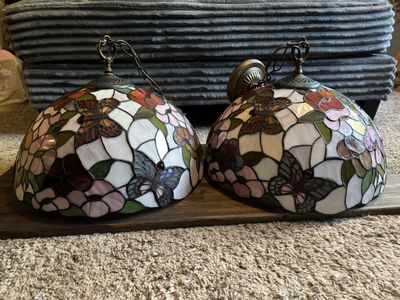Dale Tiffany pair butterfly stained glass hanging lamp shades