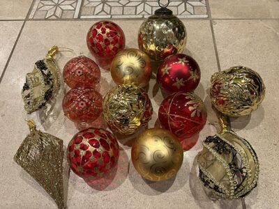 Lot Of 13 Red & Gold Glass Ornaments