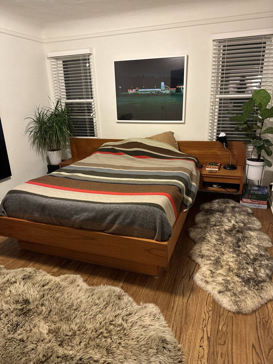 Vintage Mid-Century Danish Modern Teak Queen Platform Bed w/ Floating Nightstands
