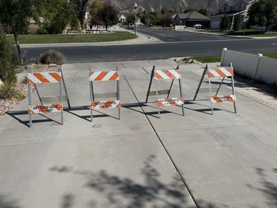 Set of 4 Used Traffic Barricades - Galvanized Metal Legs & PVC Panels for Signs