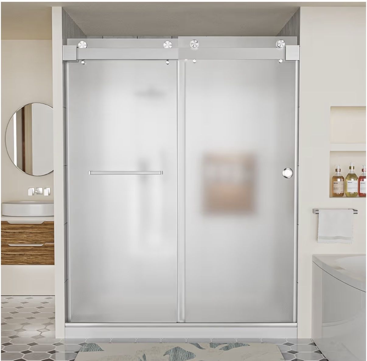 Frameless Frosted Shower Door, 56-60 W x 78 H Double Sliding