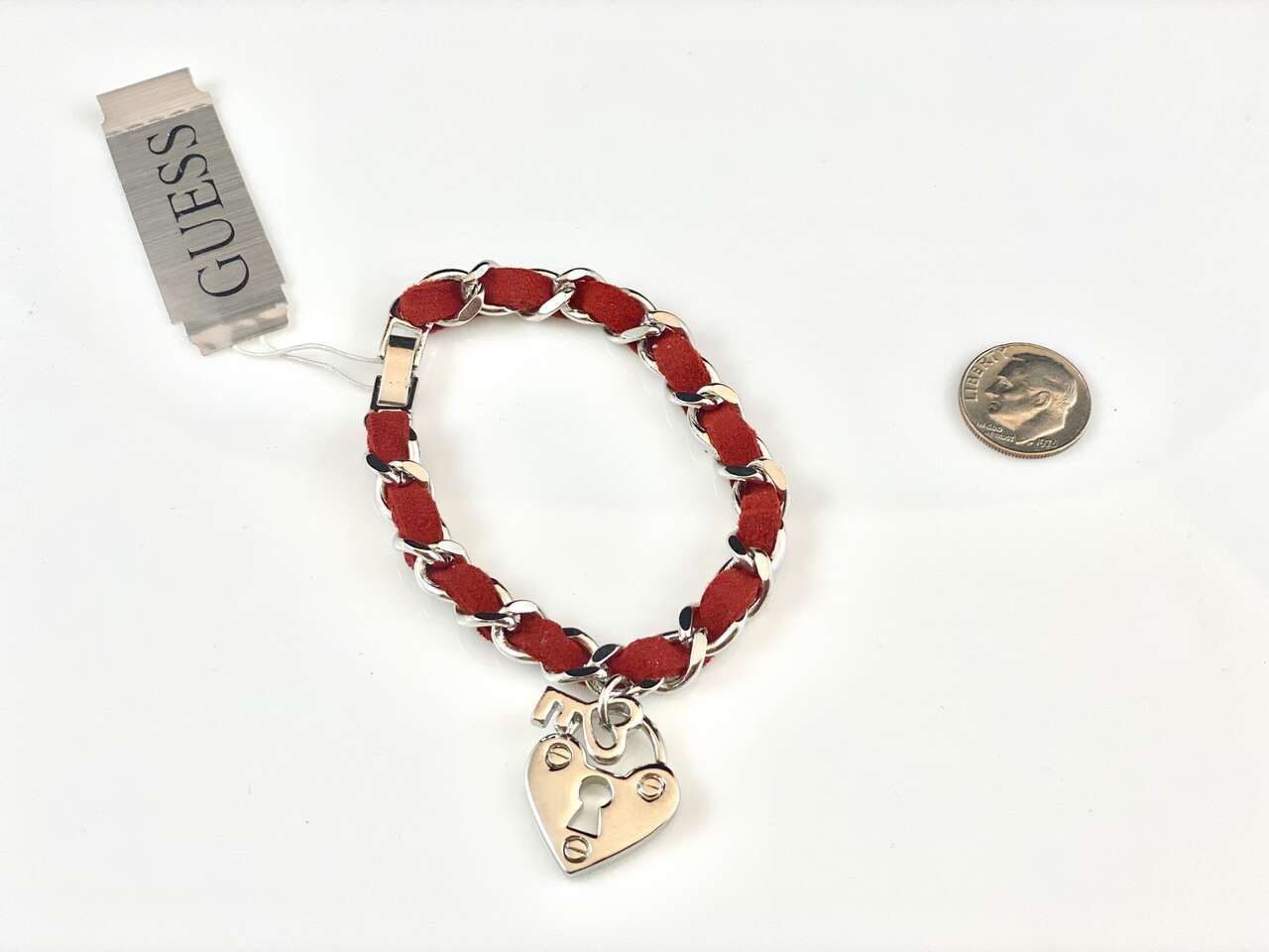 BRAND NEW!  7 inch GUESS BRACELET - Silver Link and Heart Lock N Key - Red Velvet Ribbon - C PIX