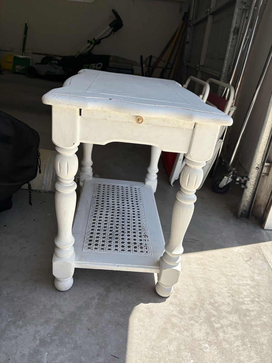 Vintage White Wood Side End Table with Cane Shelf and Single Drawer - Shabby Chic Accent Furniture