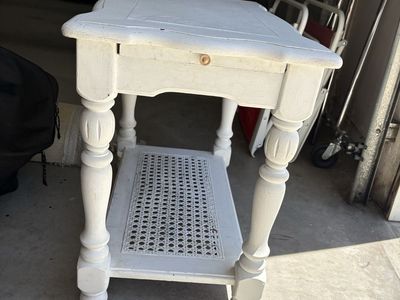 Vintage White Wood Side End Table with Cane Shelf and Single Drawer - Shabby Chic Accent Furniture