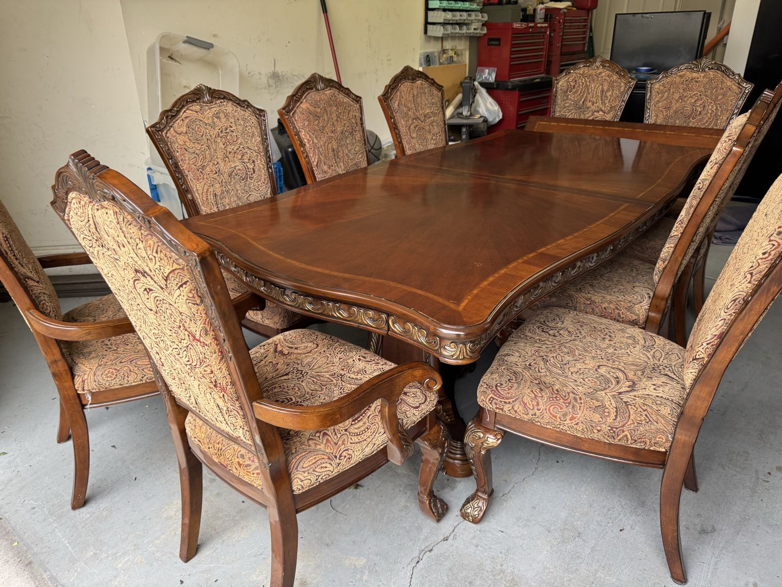 Elegant Dining Table with 10 Upholstered Chairs - Extendable Leafs