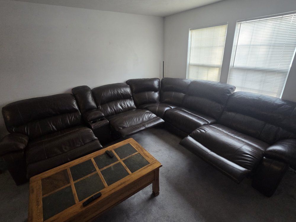 Dark Brown Leather Sectional Sofa with Recliners and Cup Holders