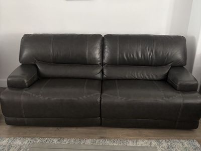 Dark Gray Leather Reclining Sofa and Armchair Set - Comfortable Living Room Furniture with tables