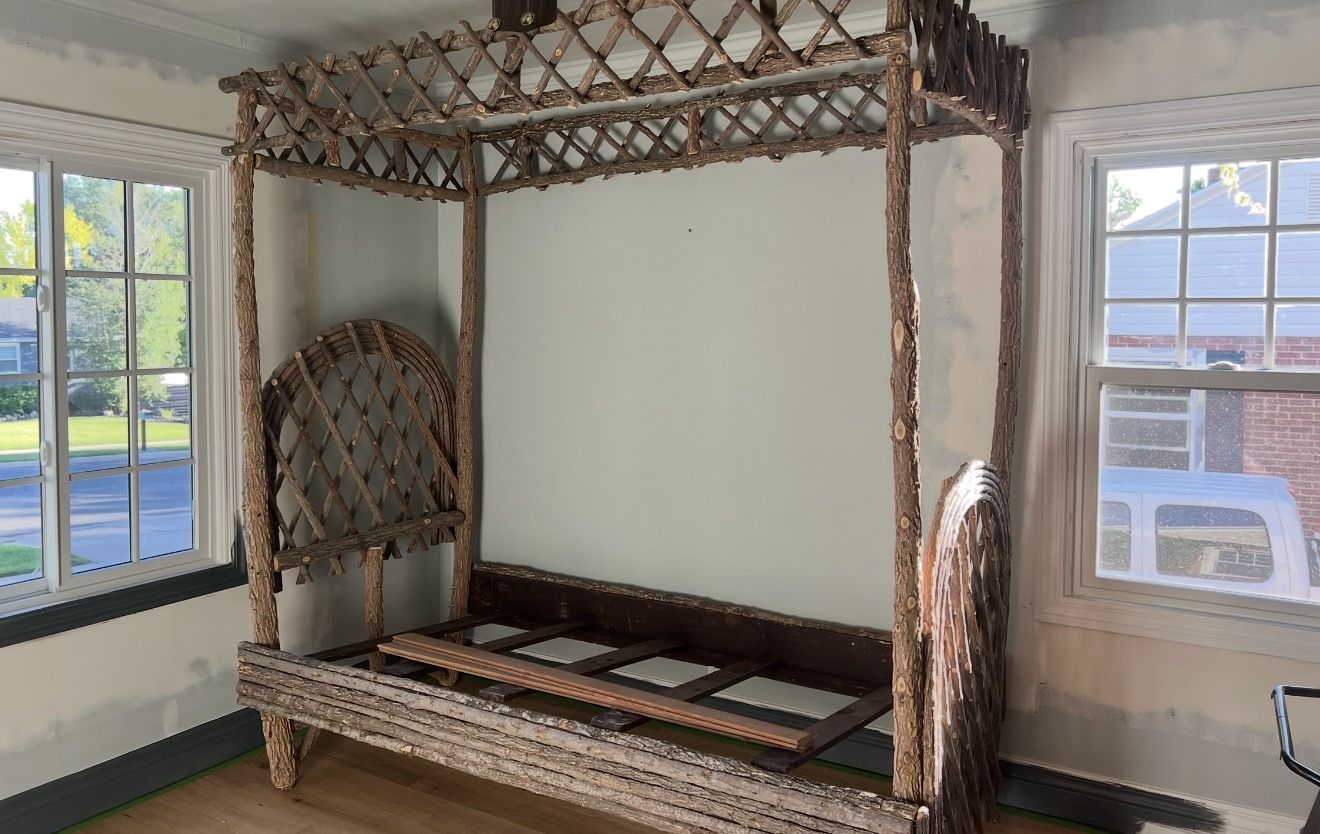 Handcrafted Rustic twig Canopy Bed Frame - Natural Wood Bark & Lattice Details