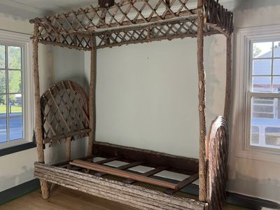 Handcrafted Rustic twig Canopy Bed Frame - Natural Wood Bark & Lattice Details