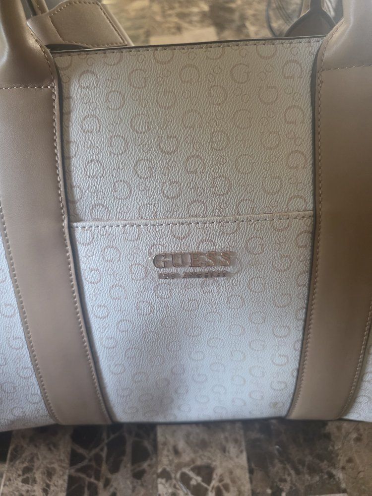 GUESS Beige/White Monogram Tote Bag with Detachable Shoulder Strap