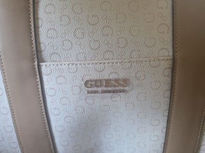 GUESS Beige/White Monogram Tote Bag with Detachable Shoulder Strap