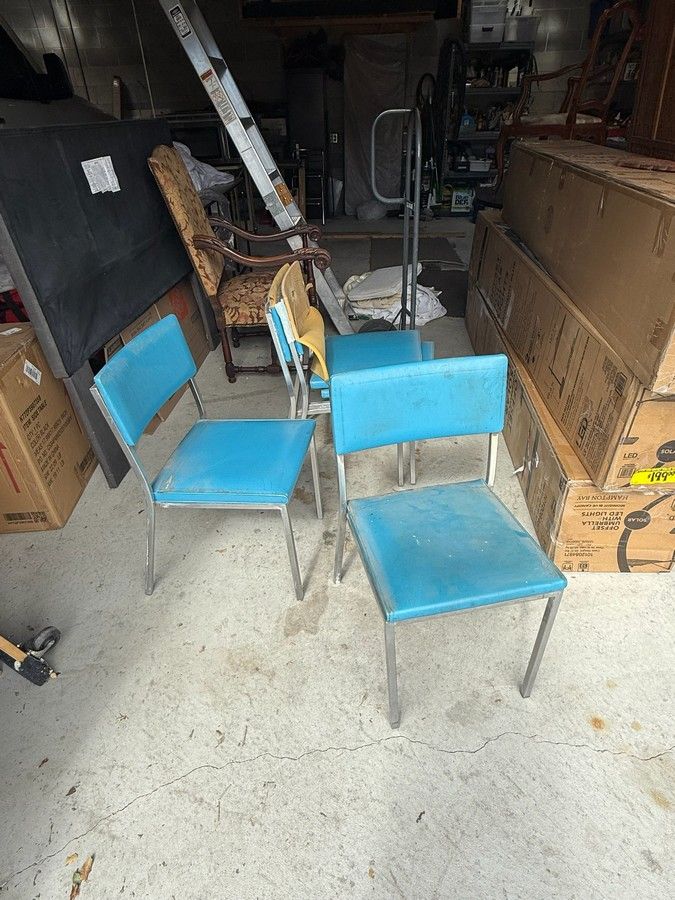 Set of 4 Vintage Chrome & Blue Vinyl Stackable Dining / Utility Chairs - Retro Style