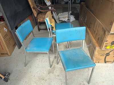 Set of 4 Vintage Chrome & Blue Vinyl Stackable Dining / Utility Chairs - Retro Style