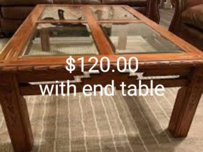 Wooden Coffee Table with Glass Top and Matching End Table